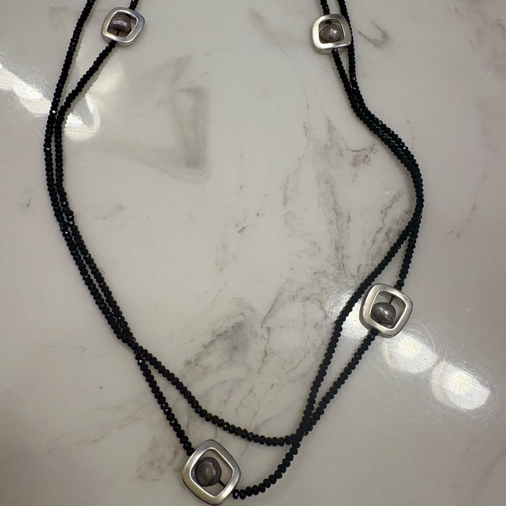 Black Crystal & Freshwater Pearl Long Statement Necklace Silver Accents - Picture 7 of 7